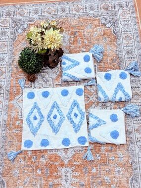 Blue & White Geometric Tassel Bath Mat Set - Unbranded